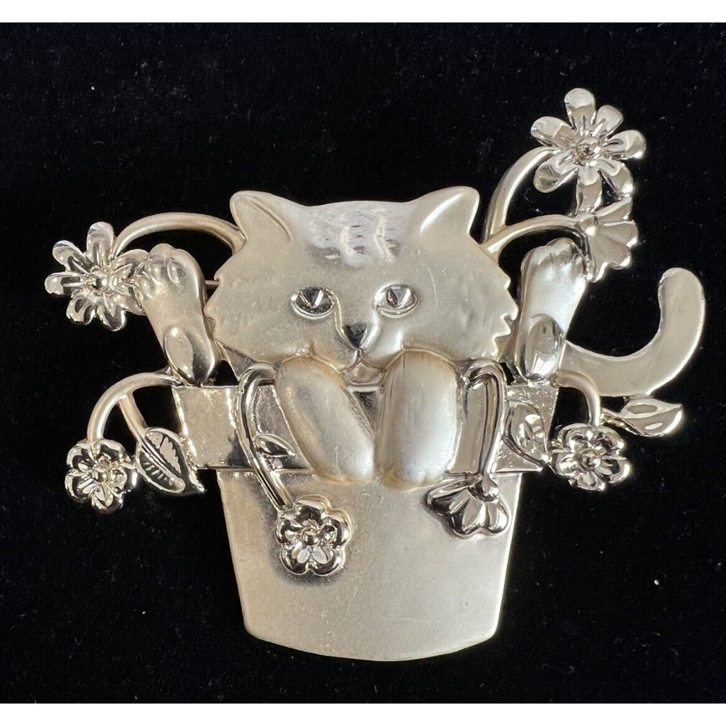 Vintage Ajc Cat In Flower Pot Brooch Pin Goldtone 15$